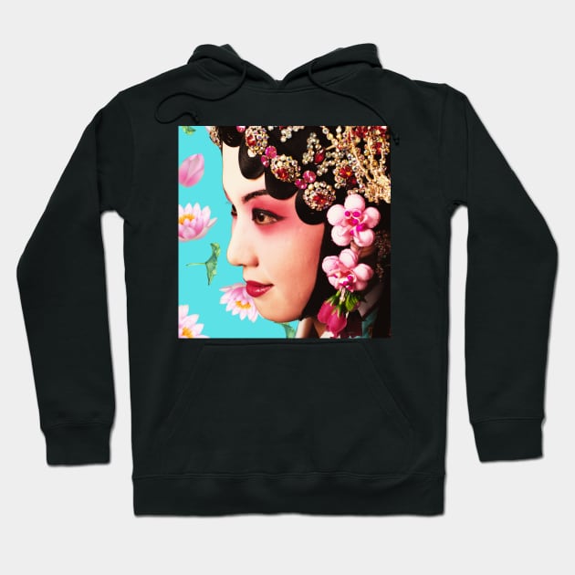 Chinese Opera Star with Lotus Flowers Turquoise - Hong Kong Retro Hoodie by CRAFTY BITCH
